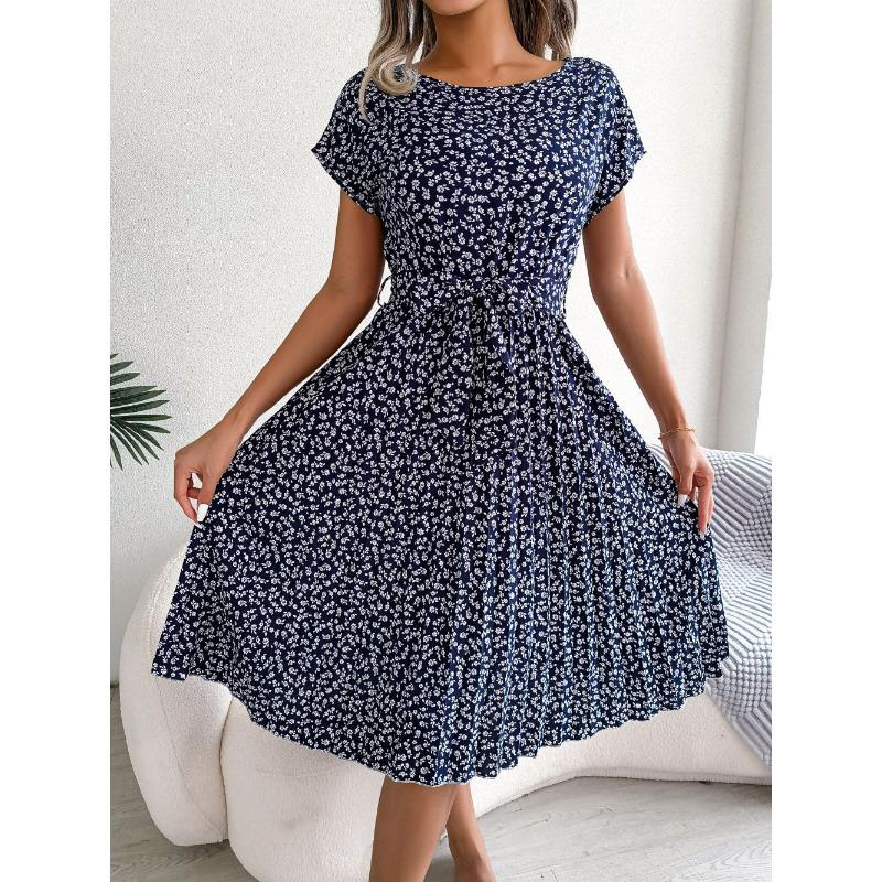 Sommer Damen Grün Blumendruck Plissiertes Midi-Kleid Mit Gürtel