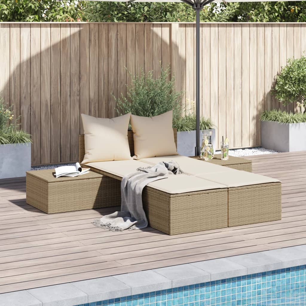 Vidaxl Doppelliege mit Kissen, Beige, Polyrattan