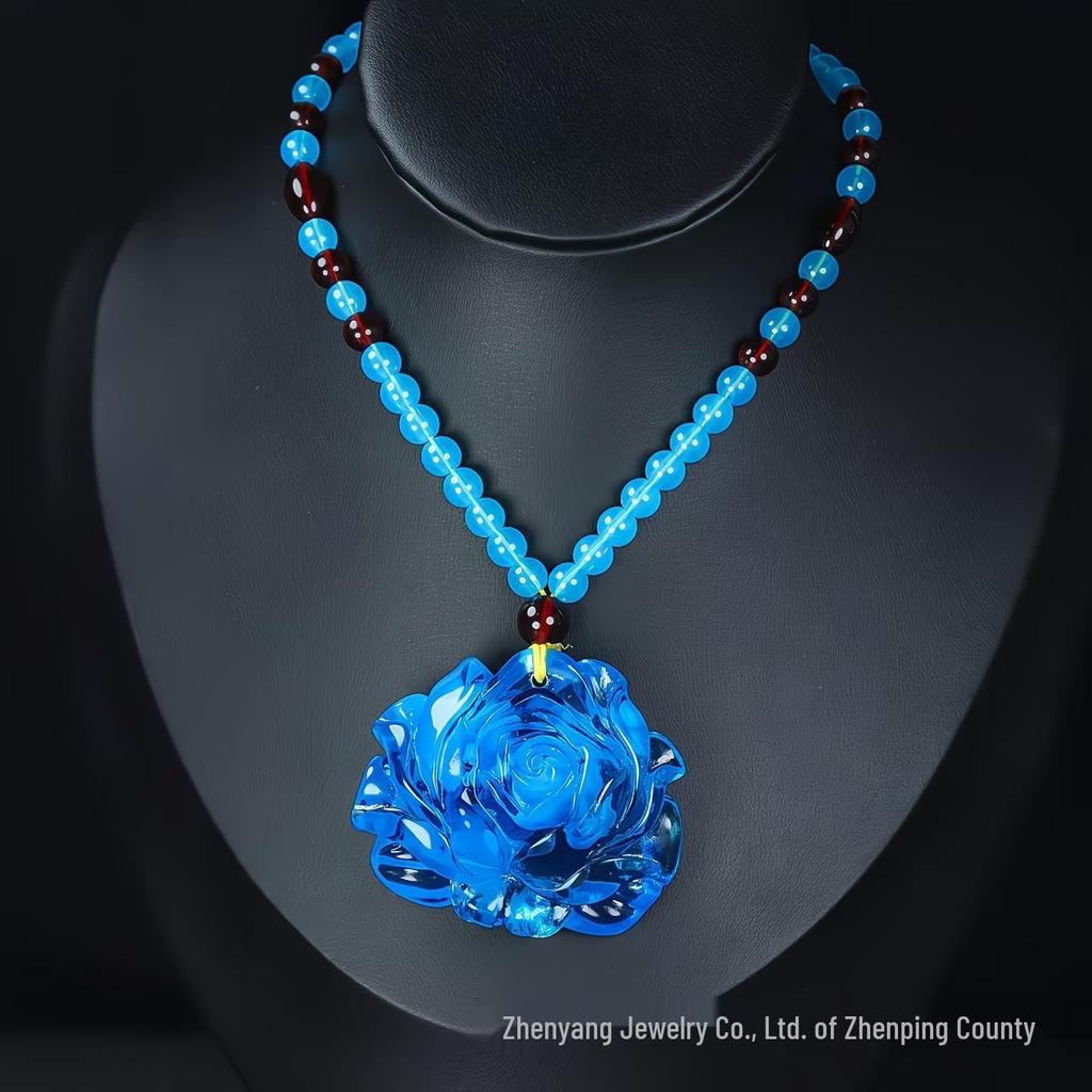 Ocean Blue Amber Lotus Pendant Necklace