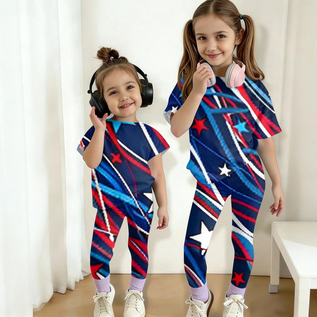 Boys And Girls Independence Day Print Set Kids Casual Short Sleeve Top And Long Pants Set