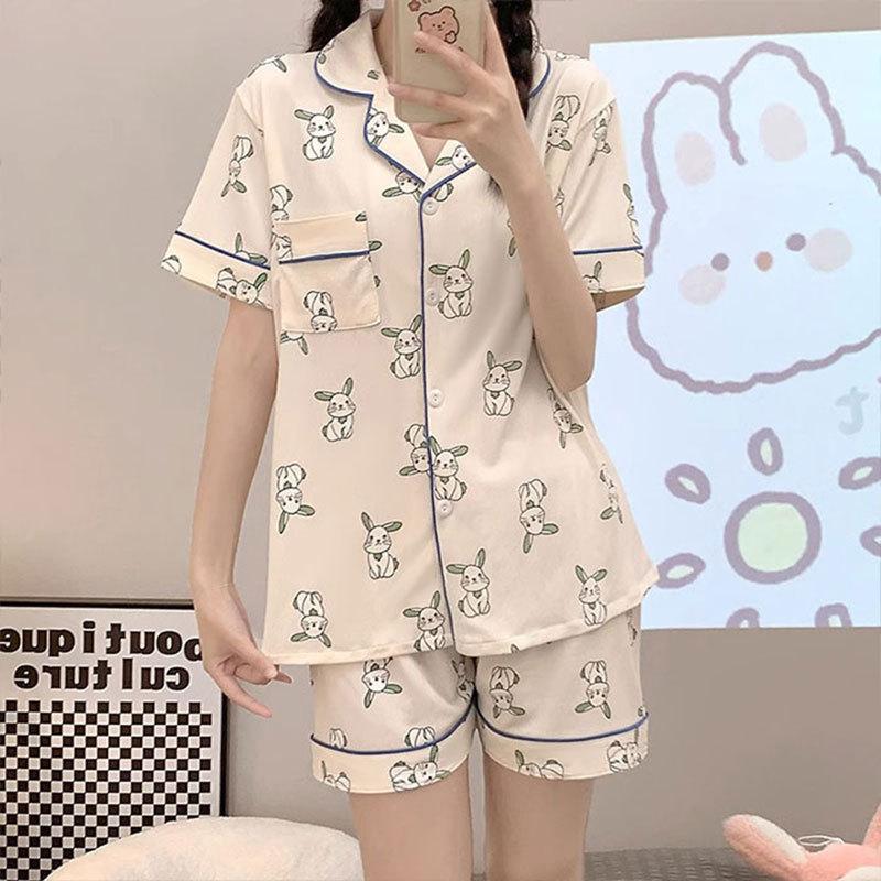 Ins Korean Version Full of Cute Rabbit Pajamas Women's Summer Short-sleeved Shorts Cardigan Set Girl Large-size Loungewear