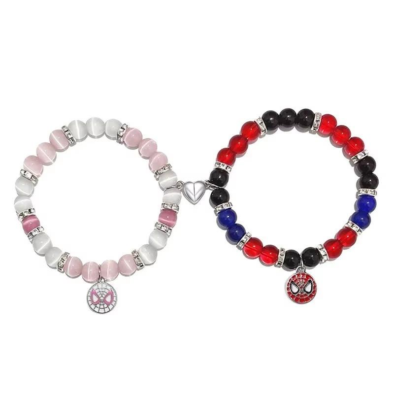 2 pcs of Blue and Pink Beads Cute cat Pendant Heart Shape Magnet Elastic Couple s Bracelets, Bff Trendy Jewelry Gifts