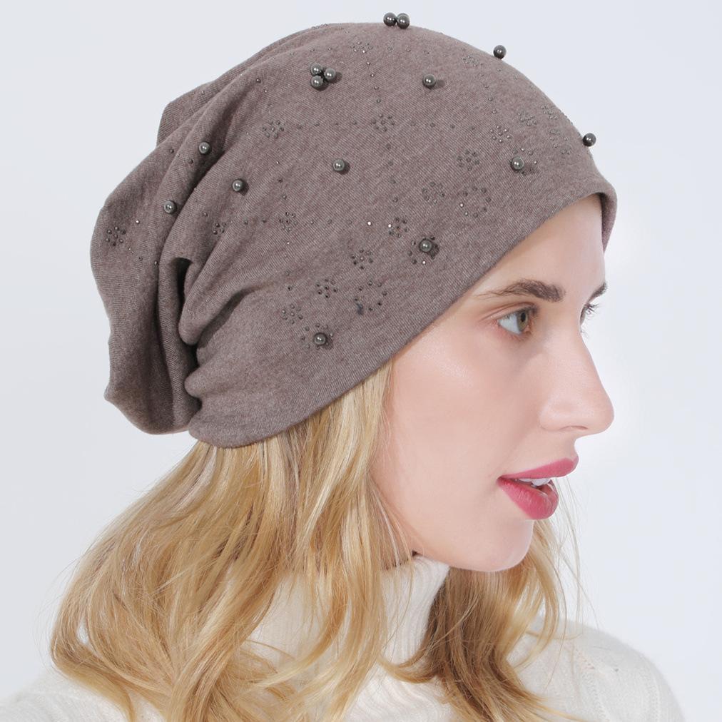 Women's Autumn Winter Double Layer Cotton Hot Diamond Binding Bead Pullover Versatile Warm Hat KTY