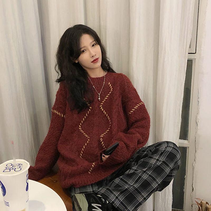 Christmas Red Sweater for Women Autumn Winter Design Sense Niche Retro Japanese Lazy Style