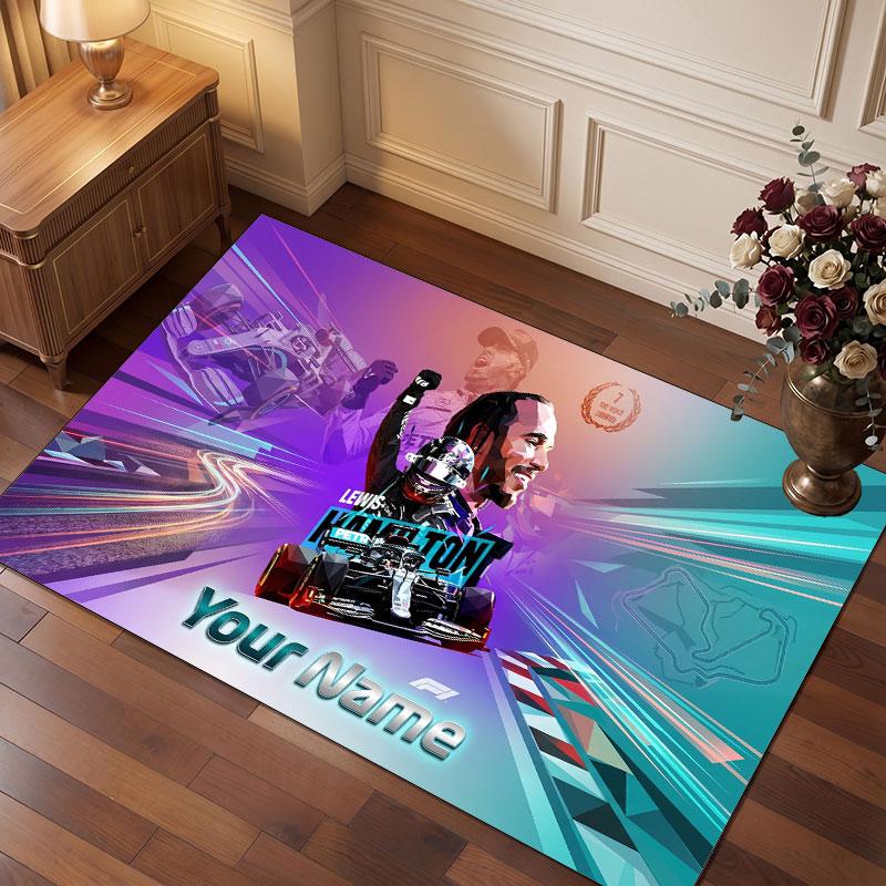 Lewis Hamilton Personalisierter Kristall-Samt-Teppich, Benutzerdefinierter Namens-Text Weicher Anti-Rutsch-Teppich für Wohnzimmer Schlafzimmer