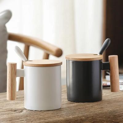 Tasses à poignée en bois avec couvercle et cuillère - Tasses à café et à lait - Tasses nordiques - Accessoires de cuisine