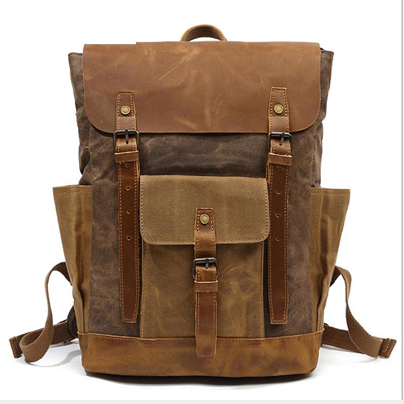 Sac à dos Homme Voyage Imperméable Sac Ordinateur Portable Sac à Dos Toile Cirée Huilée Vintage Sacs à Dos Cuir Sac à Dos Homme Sac d'École