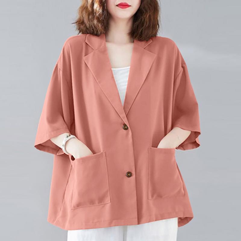 ZANZEA Women Summer Turn Down Collar Loose 3/4 Sleeve Cardigan Blouse