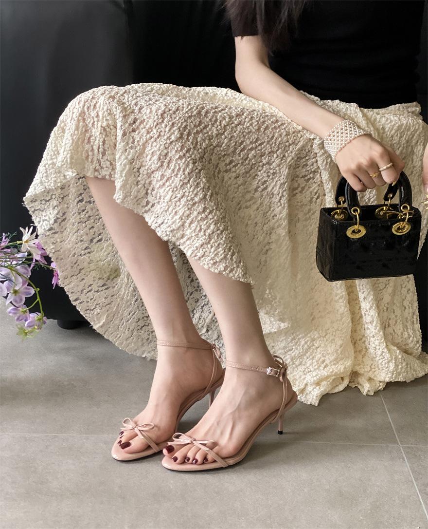 

Летние новые босоножки с открытым носком и бантом в французском стиле на высоком каблуке для женщин 40 телесный