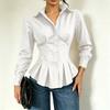 Women Long Sleeve Button Down Shirt Ruffled Waist Peplum Blouse Tailored Fit Collared Shirt Casual Office Wear