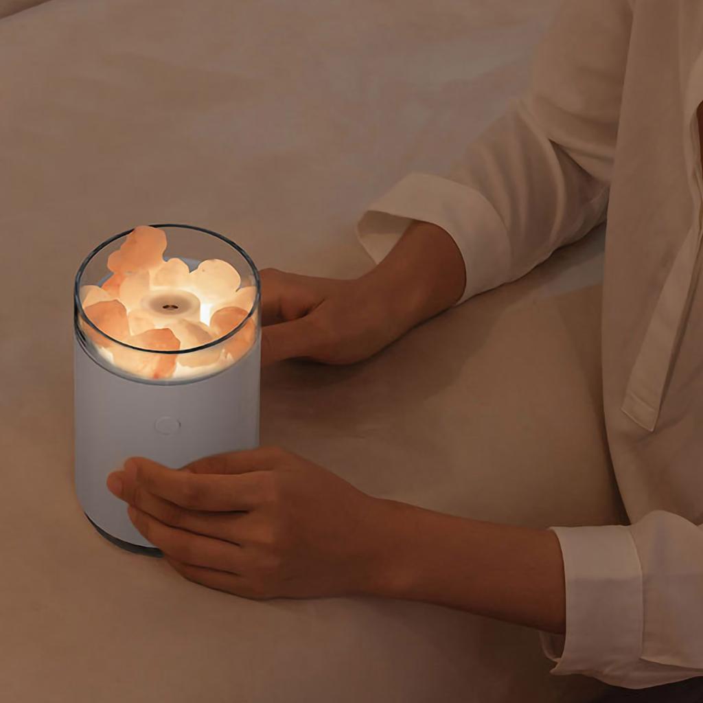 Umidificador de Pedra de Sal Rosa Cristalino Luz Colorida 260ml Umidificador de Névoa Portátil Silencioso USB Óleo Essencial
