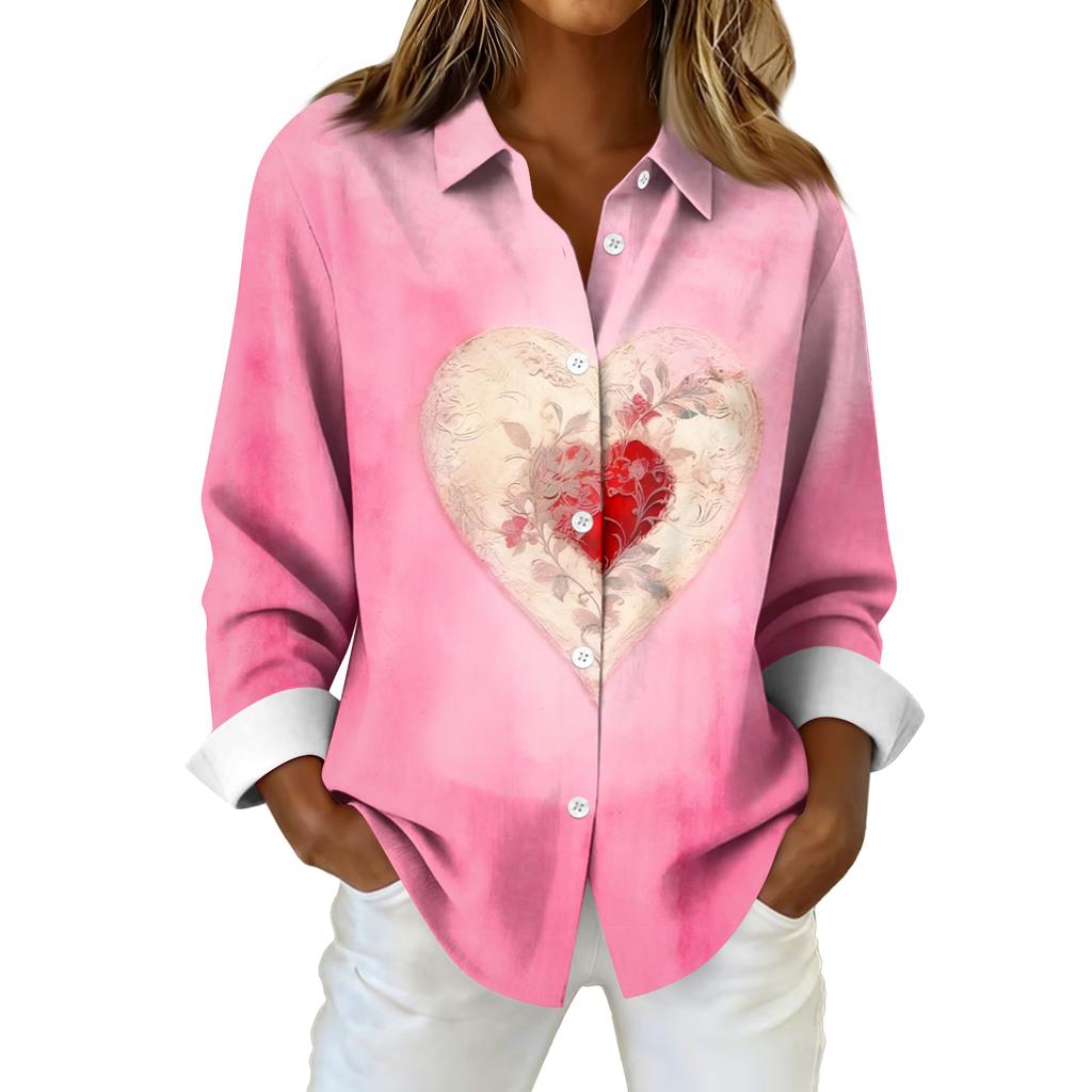 Kadın Gömlek Bluz Noel Baskılı Düğme Uzun Kollu Rahat Temel Gömlek Yaka Normal Üst