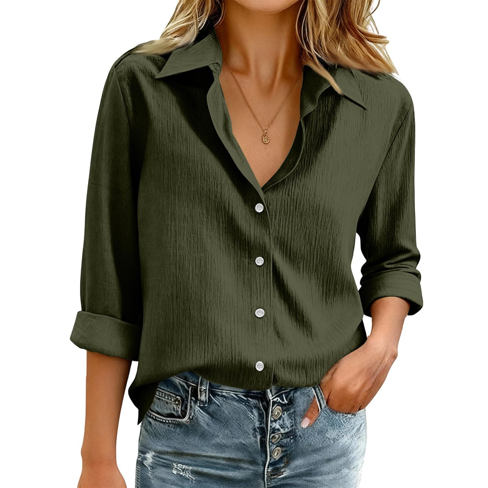 Women s Solid Color Casual Loose Long-sleeved Linen Shirt L