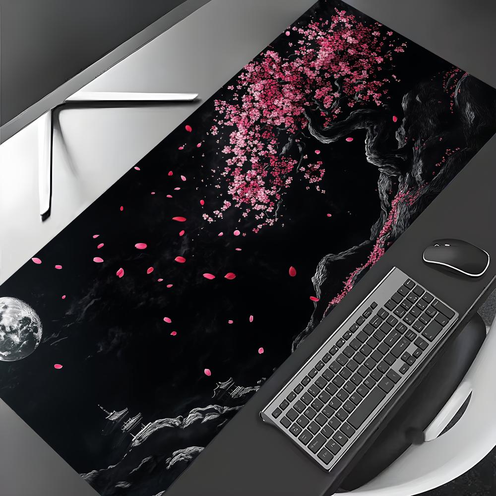 Kirschblüten und Vollmond Mauspads Gaming-Matte Rutschfest Langlebige Schreibtischmatte Mauspads Mit Genähtem Rand HD-Druck Büromatte