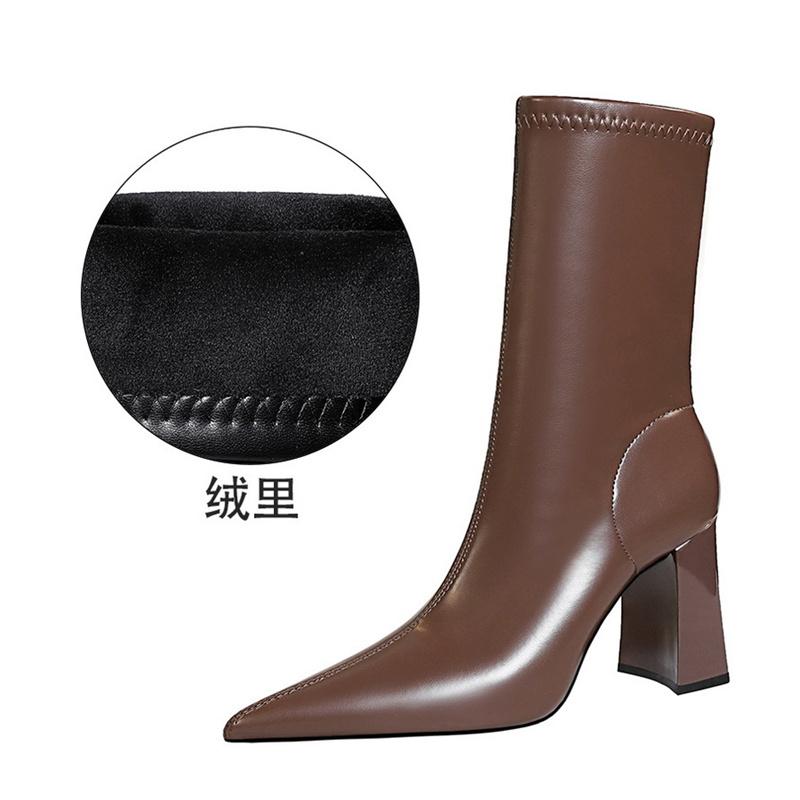

Fashion Simple Warm Mid-Calf Chunky Block Heels Women Boots Pointed High-Heeled Pu Leather Slimming Boots Autumn Winter 35