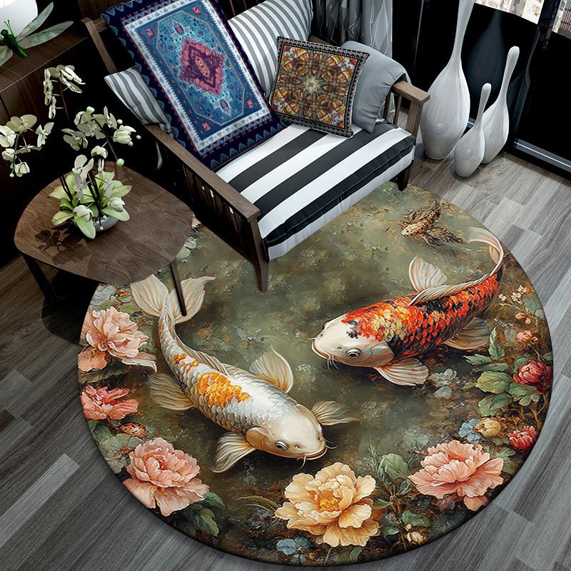 Koi Fish Round Area Rug,Carpet Rug for Living Room Bedroom Sofa Playroom Decor,Non-slip Floor Mat