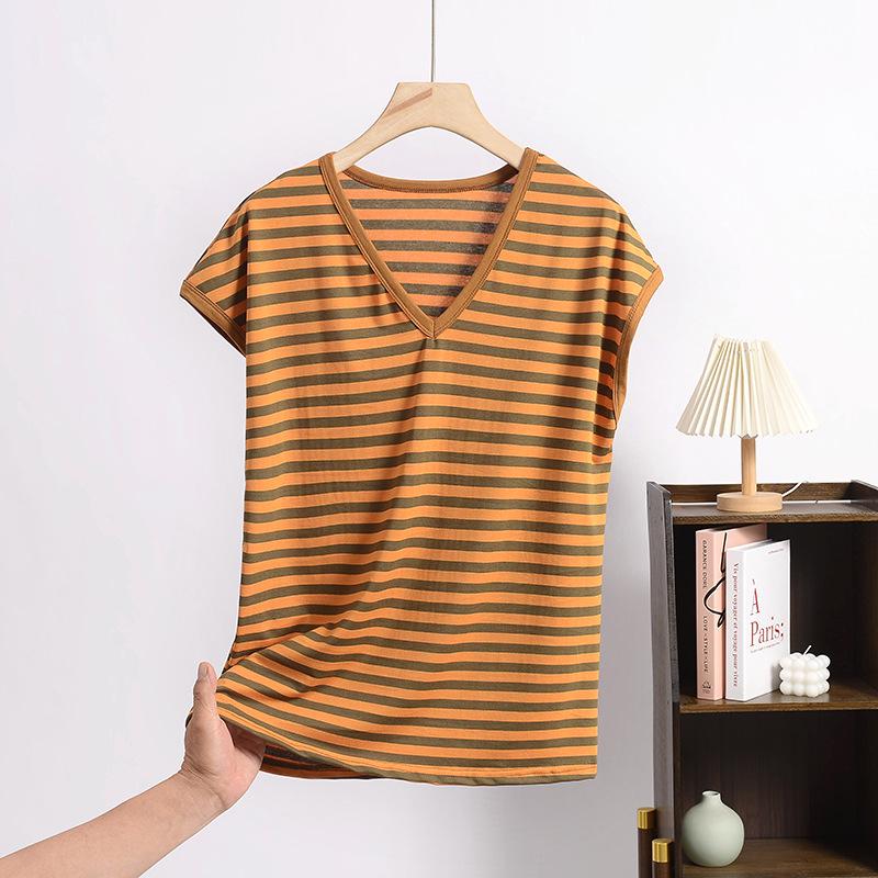 

Летняя футболка с V-образным вырезом в полоску большого размера для женщин 2XL (125-140 jin)