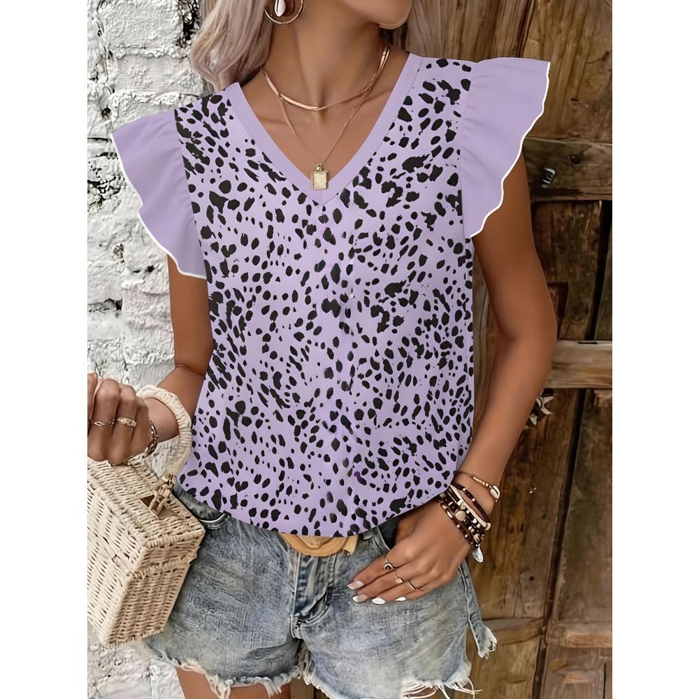 High-quality Women s Full-body Printed V-neck Top with a Purple Leopard Print Pattern, Cool Summer New Arrivals for Women S