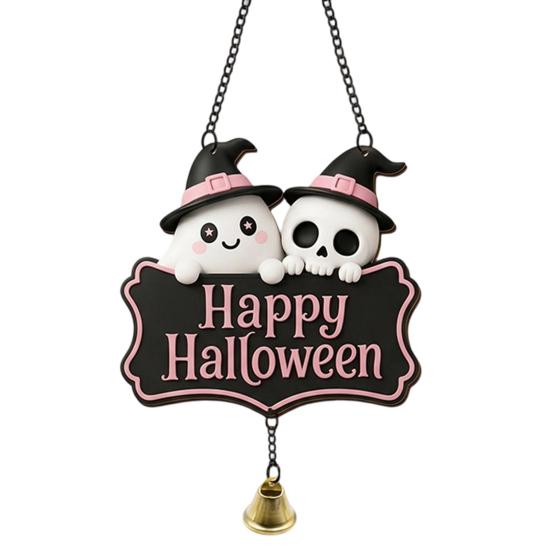 Indoor Wall Art for Holidays Halloween Cute Witch Hat Ghost Door Sign, Wooden Hanging Decoration, Decorative Skull Doorbell Pendants Outdoor