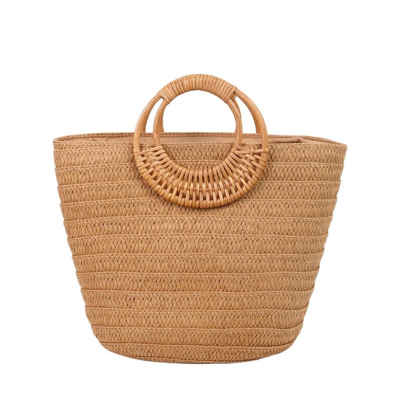 

Простая плетеная сумка в приморском стиле для отпуска, женская сумка-тоут большой вместимости с ручками-кольцами, пляжная сумка-корзина для овощей One size коричневый