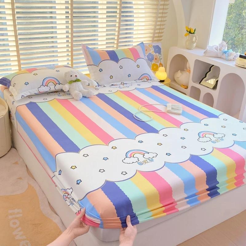 Cartoon Style Rabbit Fitted Sheet Set Skin-friendly Breathable Non-slip Bed Cover with 2 Pillowcases Bedding Set for Boys Girls