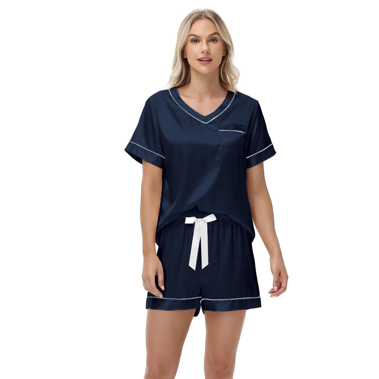 

Короткие рукава шорты летняя сексуальная пижама V-образный вырез Ice Silk костюм женская домашняя одежда XXL