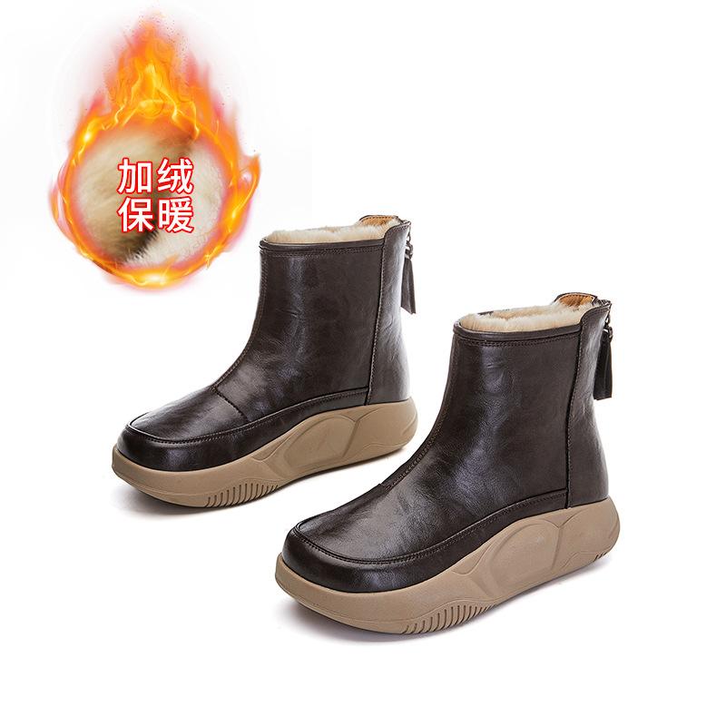 Leather Rabbit Fur Snow Boots Women's Winter New Velvet Warm Women's Boots Platform Boots Women's Retro Cotton Shoes Women