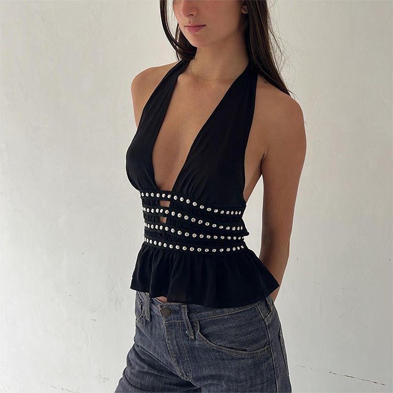 Hanging Neck Vest Iron Nail Deep V Halterneck Vest Fashion Silm Sexy Cutout Sexy Open Back Tops