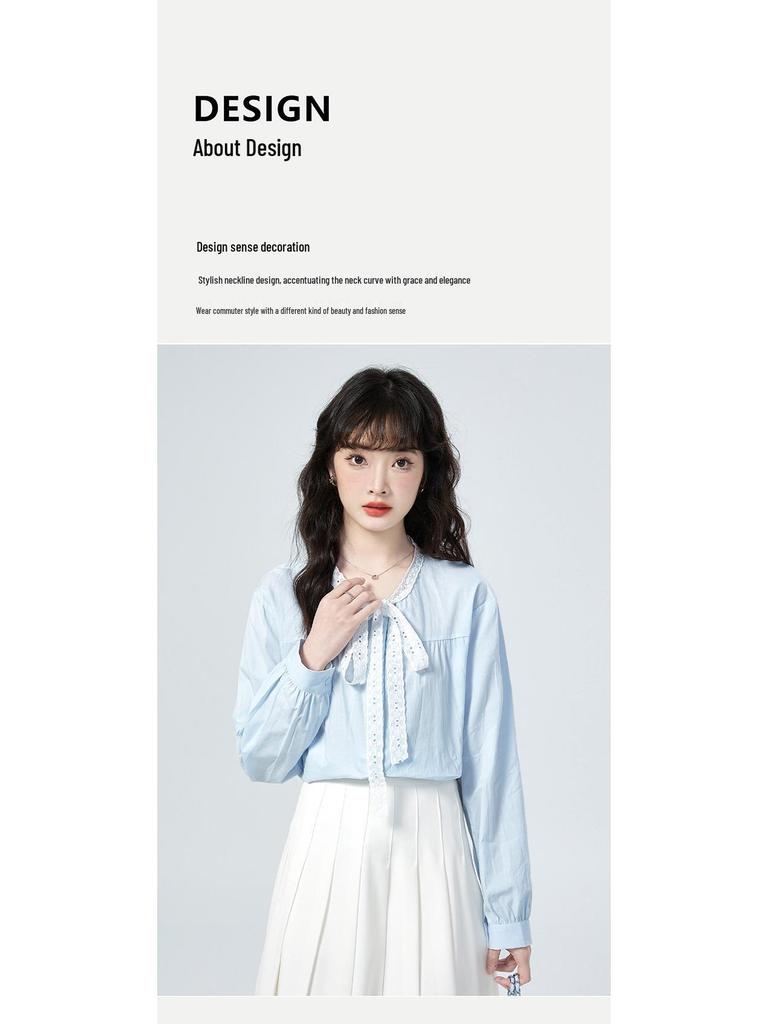 2026 Spring Lace Tie Loose Collar Long Sleeve Women's Shirt