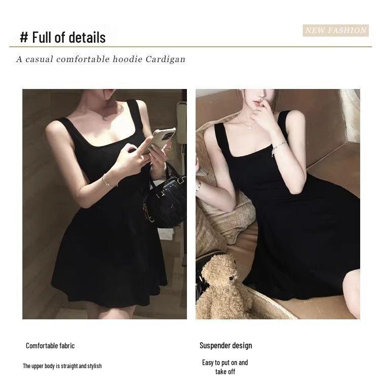 Women's French Hepburn Style Petite Spaghetti Strap Little Black Dress - Summer High-End Short Skirt