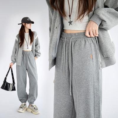 Gray Sweatpants for Women Loose Feet Spring and Autumn High Waist Slim Casual Straight Pants American Small Sweatpants