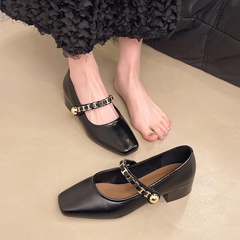Women's French Retro Square-Toe Mary Janes - Spring Fashion Chain Chunky Heel Low-Cut Leather Shoes