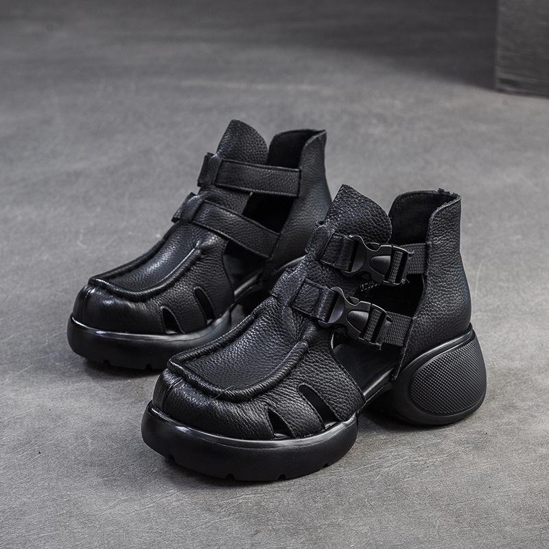 

Johnature Ретро дышащие сандалии на толстой подошве с полыми отверстиями, удобная универсальная женская обувь из натуральной кожи 40 чёрный