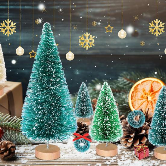 56 Pcs Mini Christmas Trees Set Sisal Snow Frosted Bottle Brush Trees