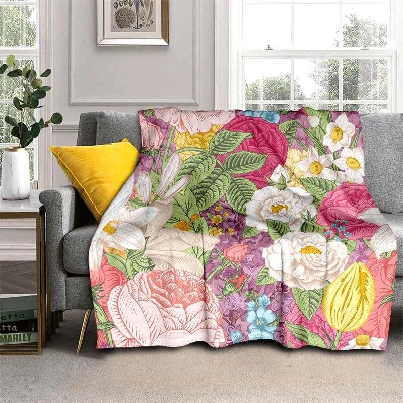 Módní přikrývka se zářivými květinami – lehký flanelový přehoz na pohovku, přikrývka s digitálním potiskem s měkkou a červotočivou flanelovou látkou