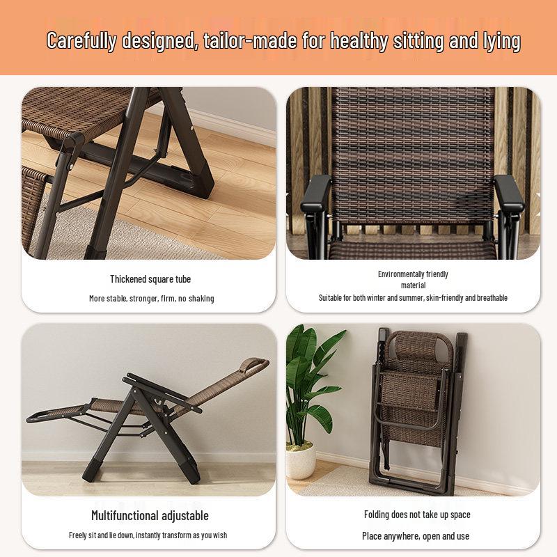 Dual-Use Folding Rattan Chair for Lounging and Napping - Perfect for Balcony and Home Leisure, with Comfortable Backrest for the Elderly.