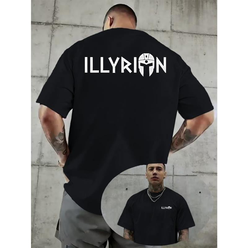 European sizes Men's Vintage Helmet T-Shirt - Double-Sided Print Short Sleeve Tee with ILLYRIAN Helmet, Regular Fit Casual Round Neck Streetwear Top
