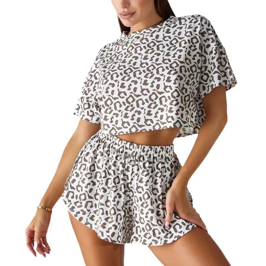 Women's Leopard Print Pajama Set - Short Sleeve and Shorts