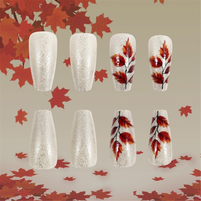 Thanksgiving Maple Leaf Press On Nail False Nail Full Coverage 24pcs Stick On Nail for Fall Fashion Acrylic Nail Set
