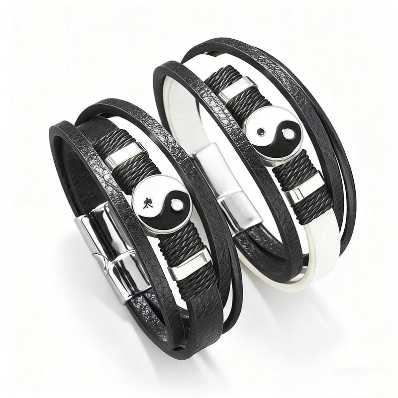 Yin Yang Bracelet Double-Layer Leather & Rope Wristband Clasp Black/White Zen Balance for Men Women Daily Gift Accessory