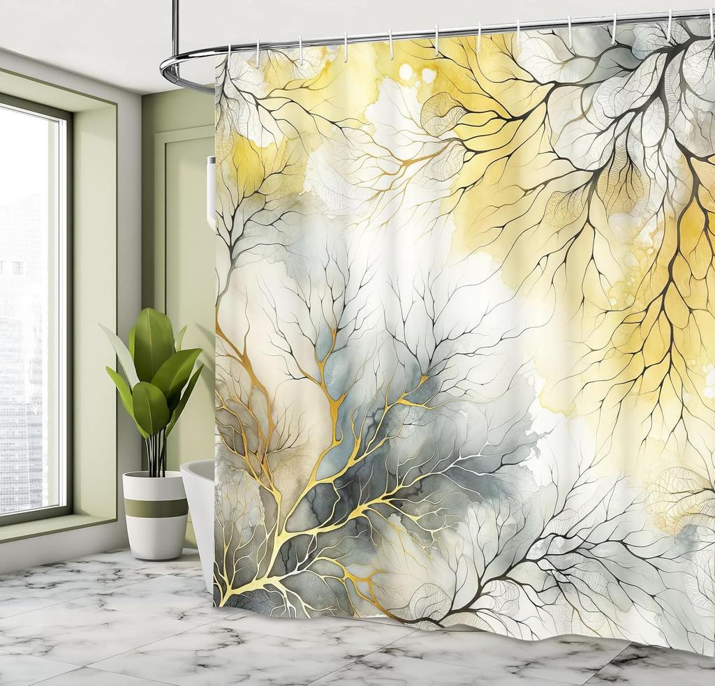 Shower Curtain Abstract Branch Pattern Watercolor Painting Nature Inspired Bath Decor Waterproof Fabric Contemporary Art Home