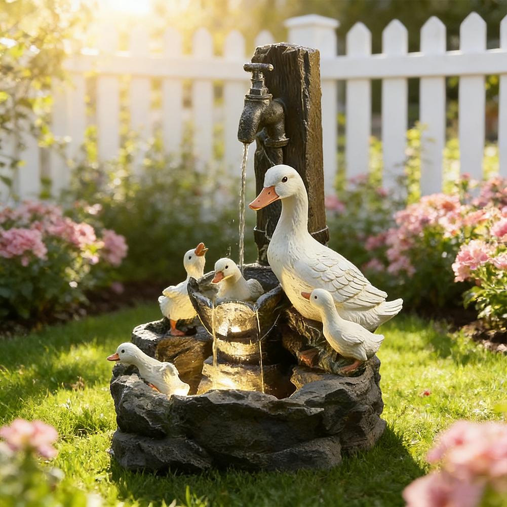 Duck /Squirrel Fountain Ornament Garden Duck Family Statue Outdoor Yard Miniature With Light Garden Decor For Patio Balcony Lawn