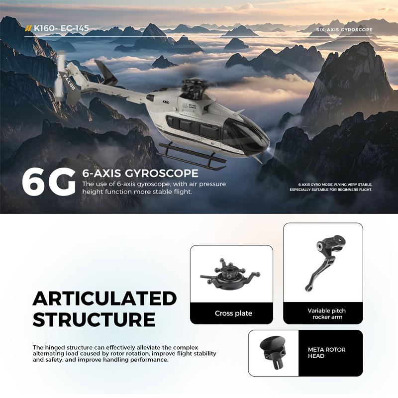 WLtoys K160 RC EC-145 Helicopter Four-Way Brushless Height Holding Remote Control Toys Gifts For Indoor Outdoor Flying Hobbyists