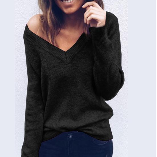 Winter Chic Lady Solid Color V Neck Long Sleeve Casual Pullover Knitted Blouse