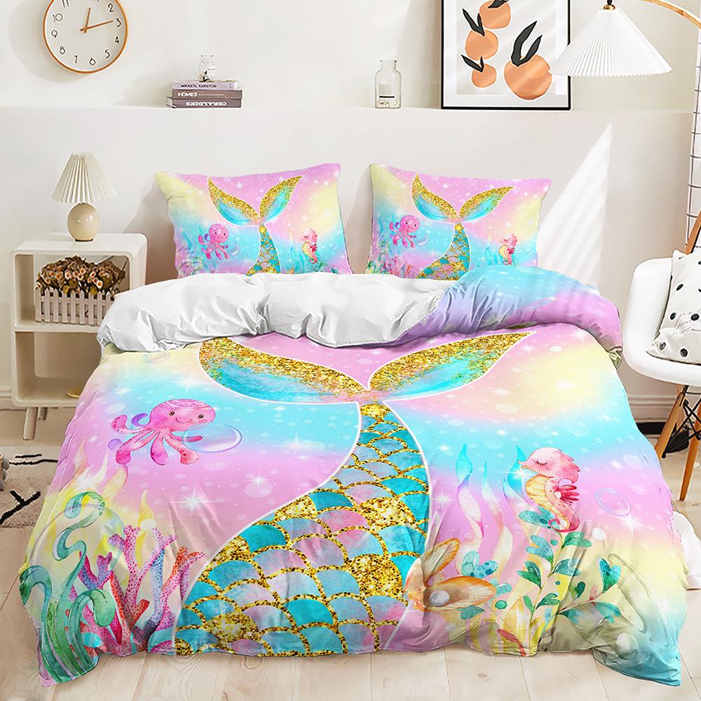Three-Piece Mermaid Dolphin Seal Quilt Set Two-Piece Bedding Set