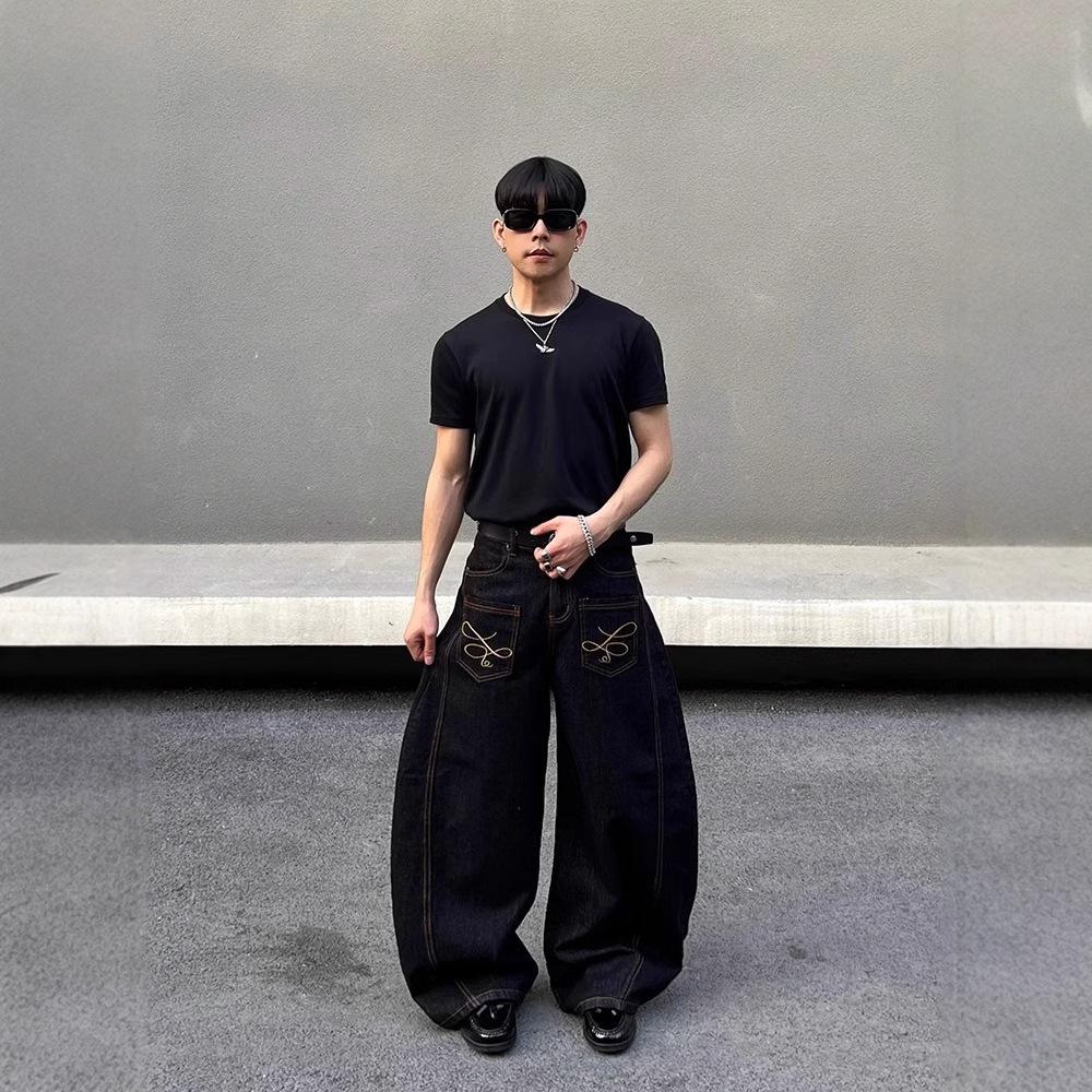 JYL Men's Bootcut Jeans  Embroidery Baggy Loose Trendy Scythe Denim Pants