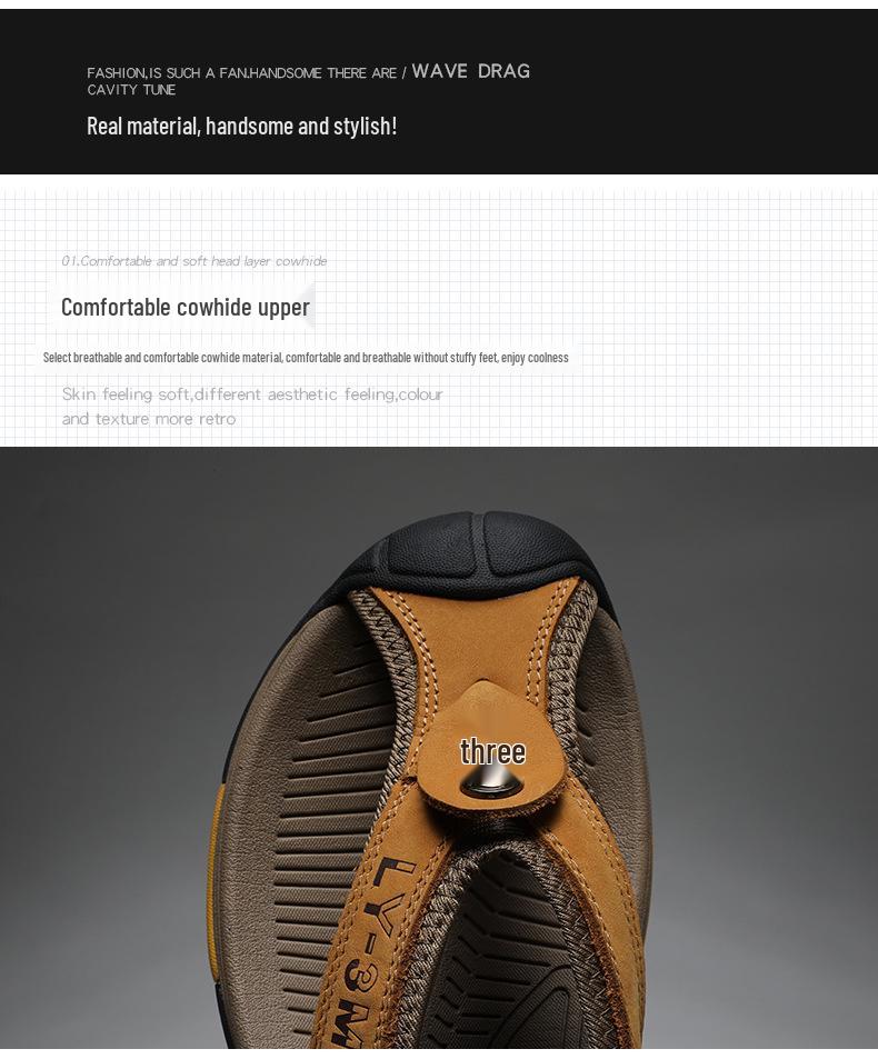 2025 Men's Plus Size Cowhide Toe-Loop Flip-Flops: Lightweight Retro Beach & Casual Thick Sole Sandals