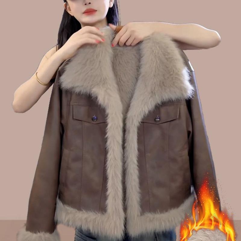 Winter New Fur Integrated Short Leather Jacket Women's Fleece Thickened Age-reducing Imitation Fur Top