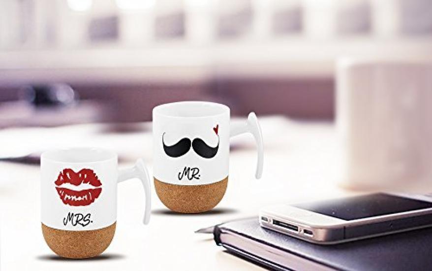 Pair of Espresso Gift for Wedding Set of with Cork Love-KANKEI Mugs, Weddings, Mr. & Mrs., Anniversary, 300ml, 2, White,