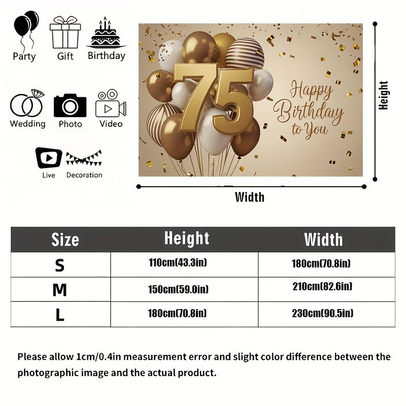 1 Goldener Ballon 75. Geburtstag Party Hintergrund - Polyester Material mit goldenem Konfetti und "Happy Birthday"